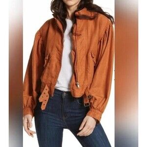 Free People Poet Puff Sleeve Bomber Jacket Womens  Small Orange Oversized Linen